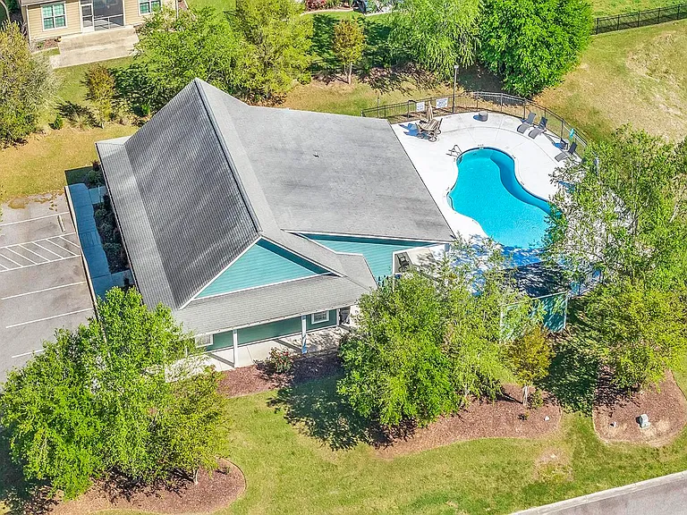 Aerial view of the Rivers Edge amenity center, pool and clubhouse